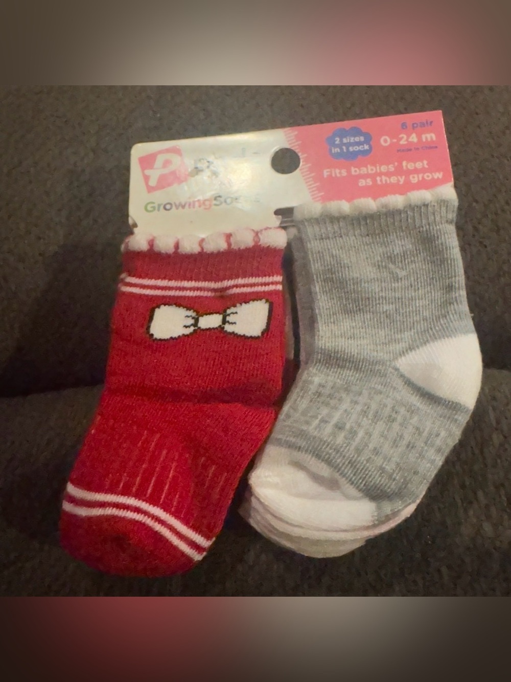 Growing Soles Baby Socks - Red & Gray Bow Accent - 0-24M